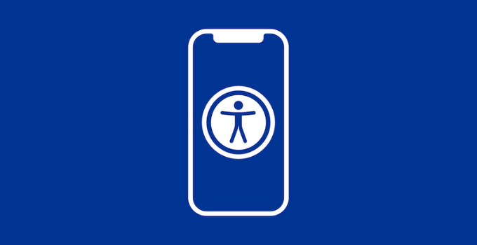 White outline of accessibility icon in smart phone on blue background